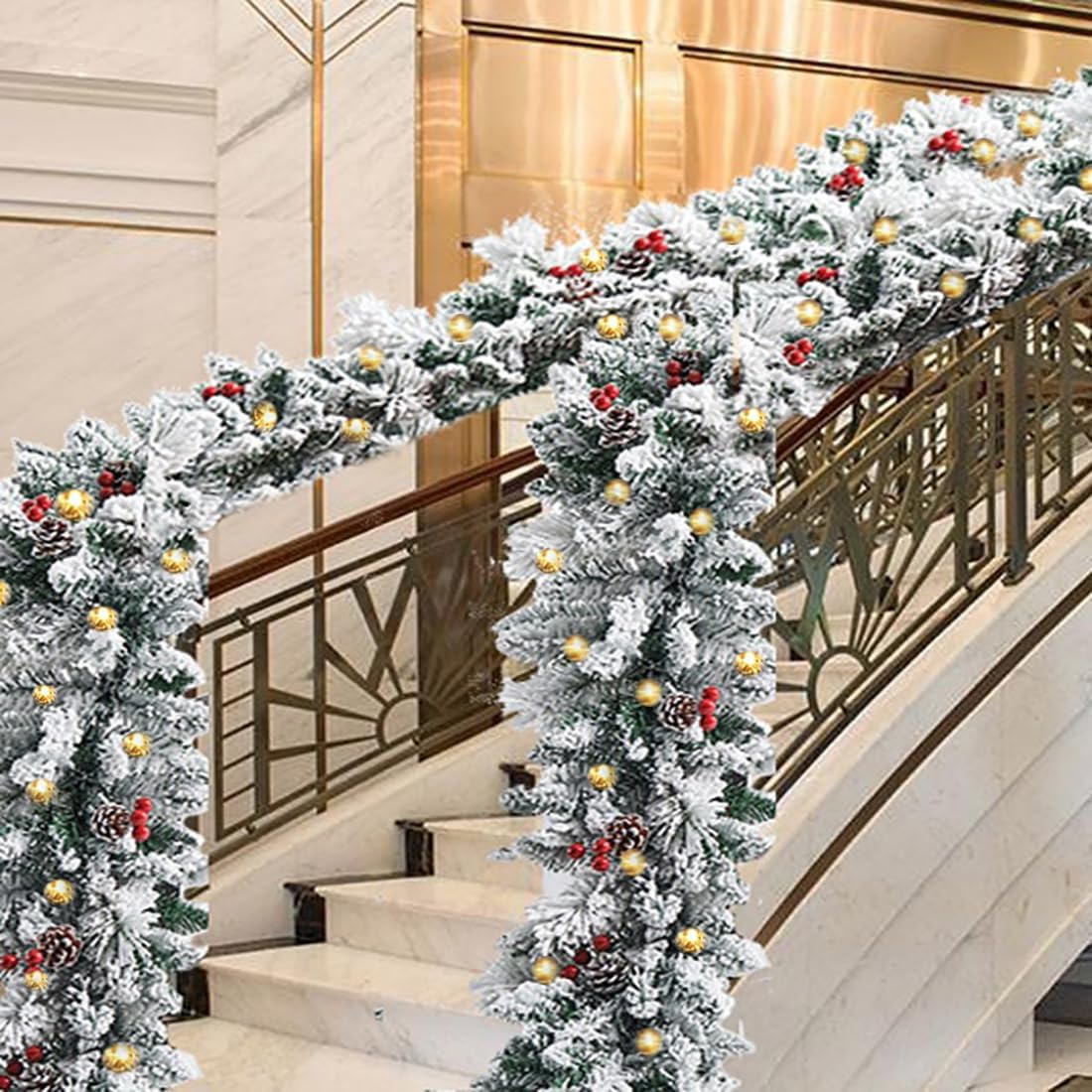 Christmas Garland with Lights, Cedar Xmas Holiday Decoration Snow Flocked Artificial Garland with Pinecones Berries for Stairs Fireplaces Wall Door Christmas Garland 9ft