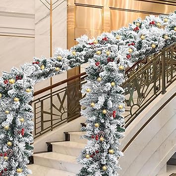 Christmas Garland with Lights, Cedar Xmas Holiday Decoration Snow Flocked Artificial Garland with Pinecones Berries for Stairs Fireplaces Wall Door Christmas Garland 9ft