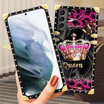 Samsung Galaxy S21 ケース対応 J クラウン クイーン ヒョウ柄 ラグジュアリー エレガント ソフト TPU 耐衝撃 保護 金属装飾 コーナー バックカバーケース