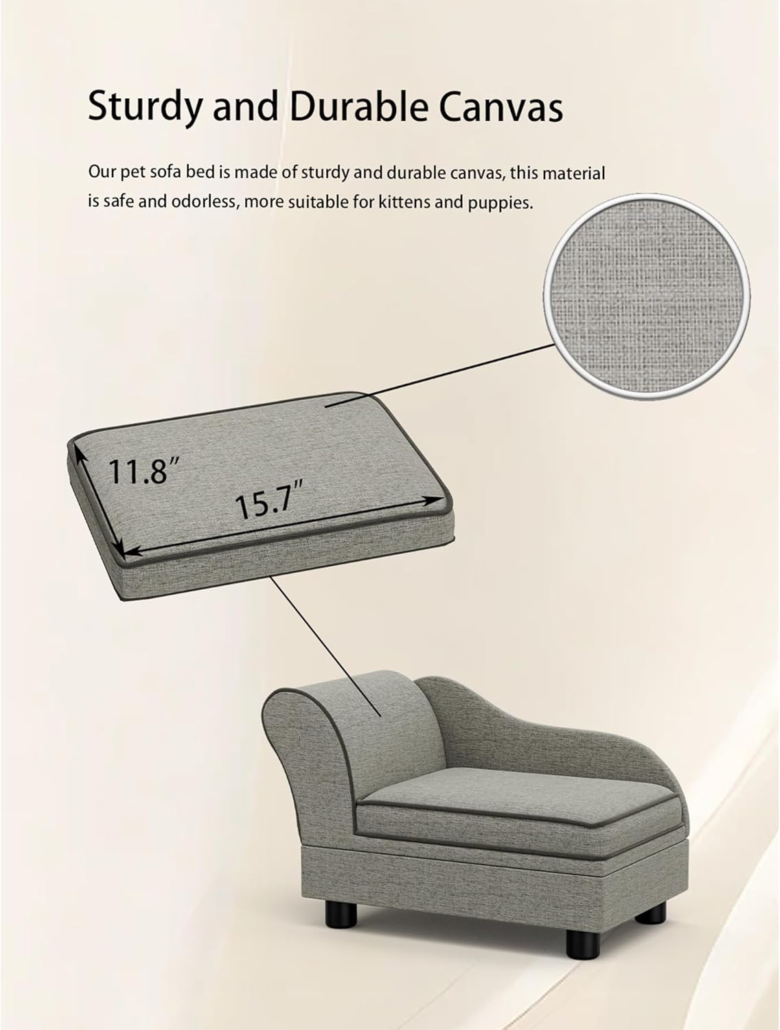 review Pet Sofa with Hidden Storage, Stylish Linen Fabric Comfort Dog Couch with Soft Cushion, Modern Pet Furniture for Small and Medium Dogs (Small, Gray)