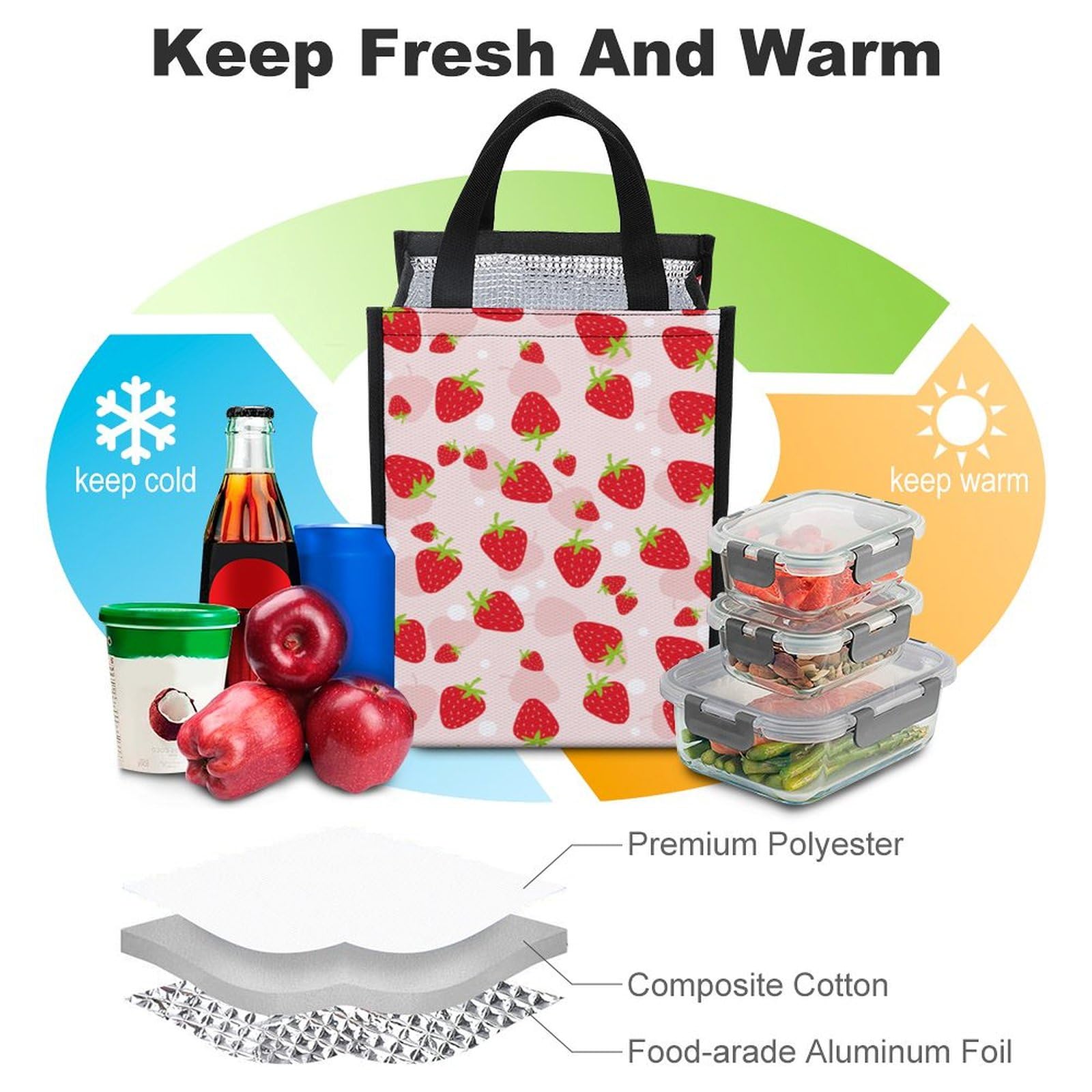 Amazon｜ランチバッグ いちご柄 苺柄 イチゴ柄 お弁当袋 保冷 保温