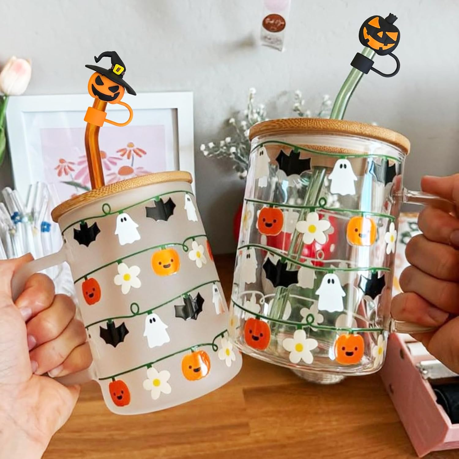 Halloween Silicone Straw Covers Cap for Stanley Cup, 4PCS Cute Straw Topper for Stanley 30&40 Oz Tumbler, Pumpkin Ghost Bat Drinking Straws Protector 10mm Halloween Straws Tips Lids Party Gifts