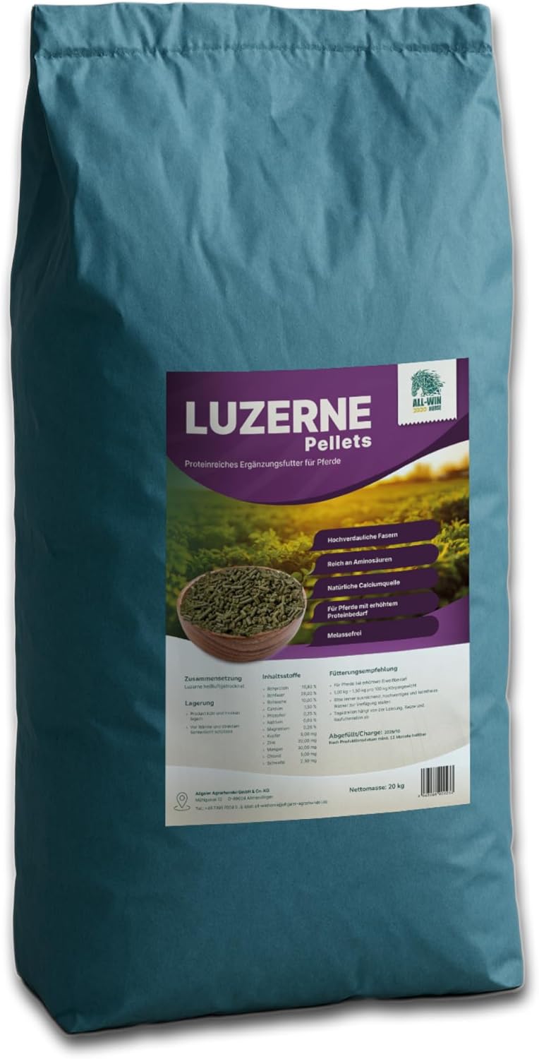 ALL-WIN Pferde-Luzerne-Pellets 20 kg, proteinreiches Ergänzungsfuttermittel für Pferde, zum Muskelaufbau & Konditionierung, getreidefrei & melassefrei, natürliche Calciumquelle, ohne Zuckerzusatz ALL-WIN Pferde-Luzerne-Pellets 20 kg, proteinreiches Ergänzungsfuttermittel für Pferde, zum Muskelaufbau & Konditionierung, getreidefrei & melassefrei, natürliche Calciumquelle, ohne Zuckerzusatz