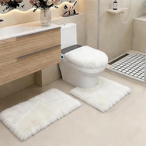 Miniatura 11 de RUN HELIX Juego de alfombras de baño negras de 3 piezas, alfombras de baño peludas, antideslizantes, absorbentes de agua, alfombras de baño suaves y