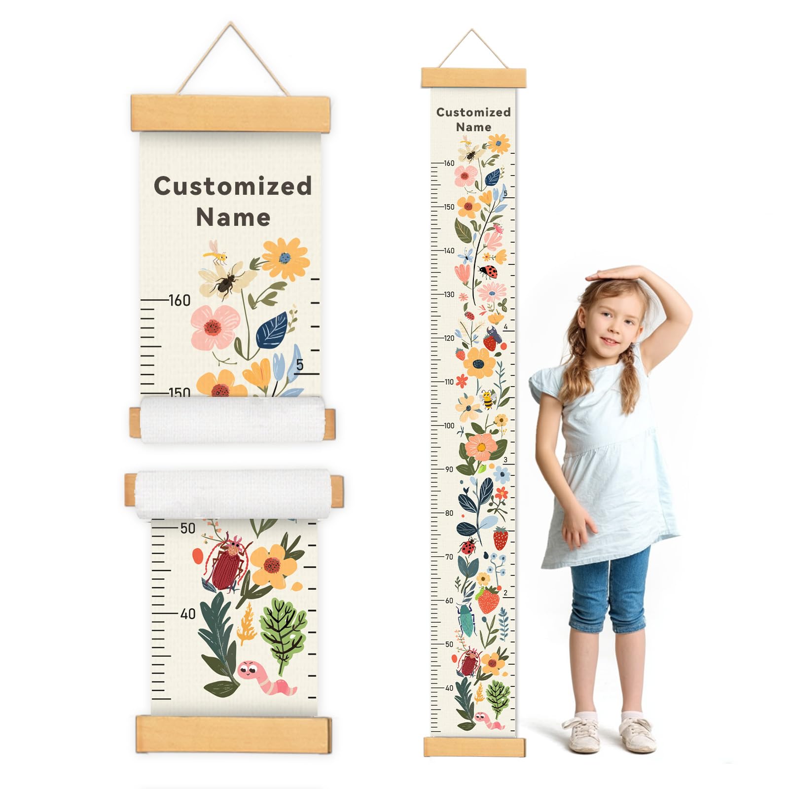 Woodemon Personalize Name Growth Chart for Kids, Flower Canvas Height Chart Ruler Removable Hanging Wall Ruler Measurement Chart for Home Decoration, Waterproof Measuring Board, Foldable
