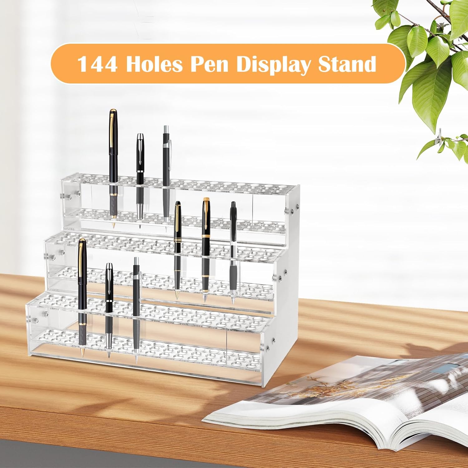 Makeup Paint & Brush Organizer Rack Pen Display Stand, Multi-Level Plastic Organization Rack Pencil Holder, Clear Pen Display Holder 3 Layer 144 Holes for Craft Shows