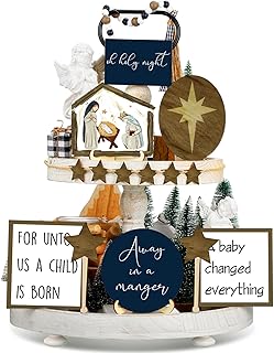 15 Pieces Christmas Tiered Tray Decor Christmas Jesus Theme Tray Decor Angel Jesus Star Wooden Decor Wood Angels Mangers Jesus' Birth Decor