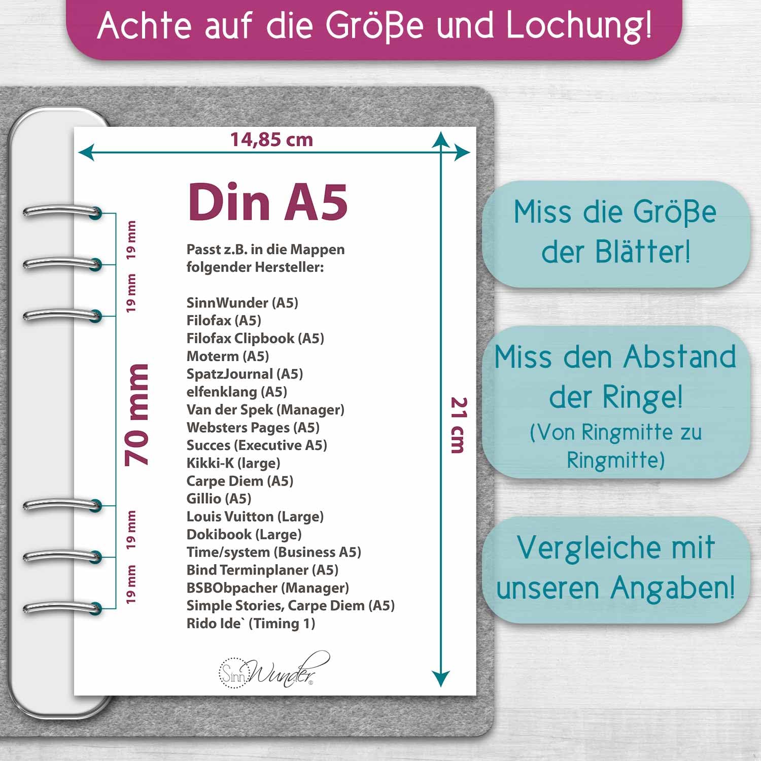 SinnWunder® 2027 Premium Kalendereinlage - Wochen-Kalender - 1 Woche 2 Seiten - Größe Din A5-6-fach Filofax-Lochung - BasicSinn