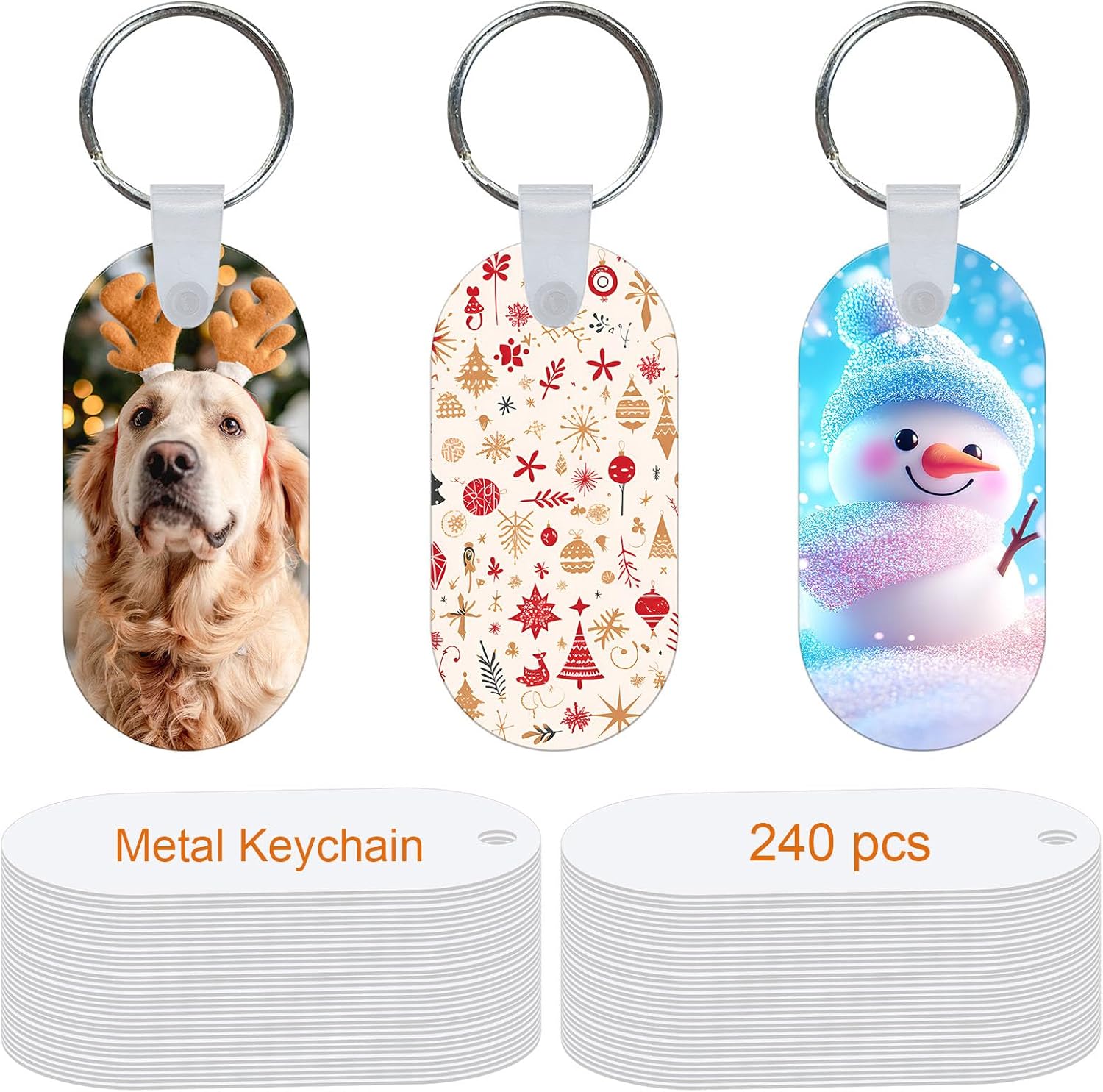 LIZOIDZSM 240 Pcs Metal Sublimation Keychain Blanks Bulk, Double Sided Heat Transfer Ornament Blanks With Keychains