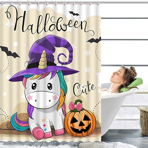 Miniatura 3 de Britimes Juego de 4 cortinas de ducha de unicornio con alfombras, juego de baño con alfombra antideslizante, tapa de inodoro y 12 ganchos, 72 x 72