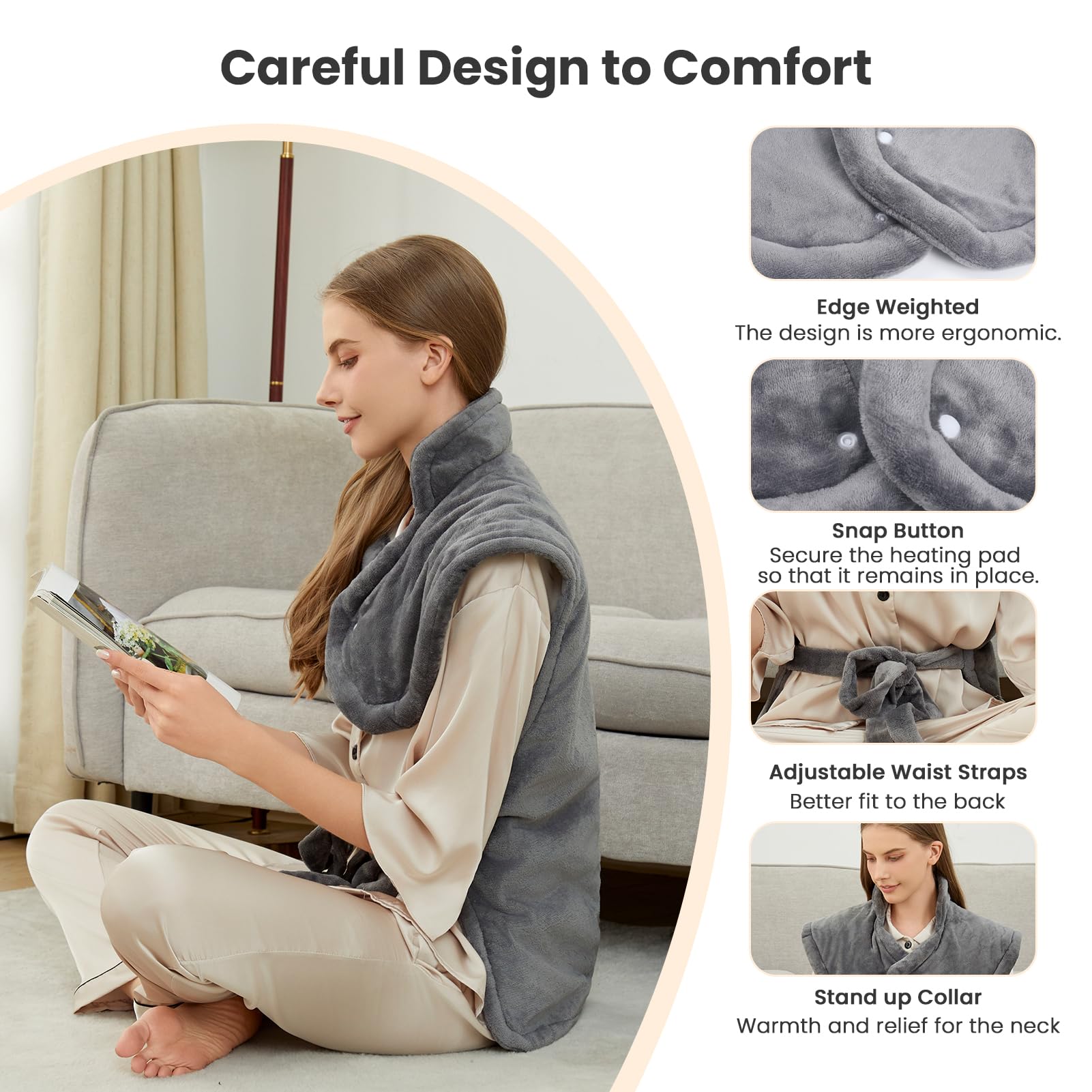 Uplayteck Coussin Chauffant Cervicales Dos et Epaule, 6 Minuteries et 8 Températures, 94 X 61cm Coussin Chauffant avec Élimination des Acariens et Mode Veille, Arrêt Automatique et Chauffage Rapide