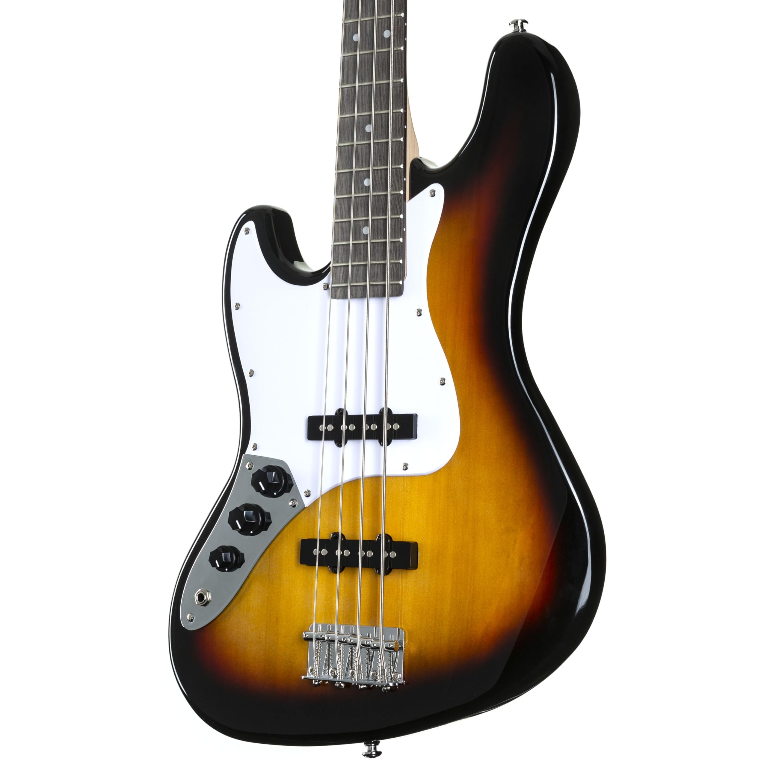 J & D JB E-Bass für Linkshänder, Bass mit Lindenkorpus und geschraubten Ahonhals in sunburst, Bassgitarre mit 2 Single Coils und Vintage-Style Bridge