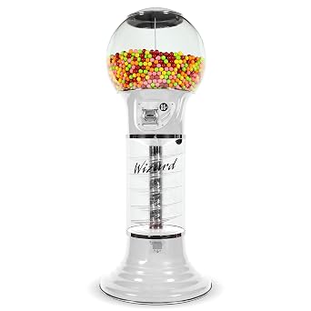 Giant Gumball Machine with Stand - Commercial Bubble Gum Machine 5`6" Spiral Gumball Vending Machines - Coin Mechanism $0.25 - Dispenses 1 Gumballs Bouncy Balls & Toys in Round Capsules - White