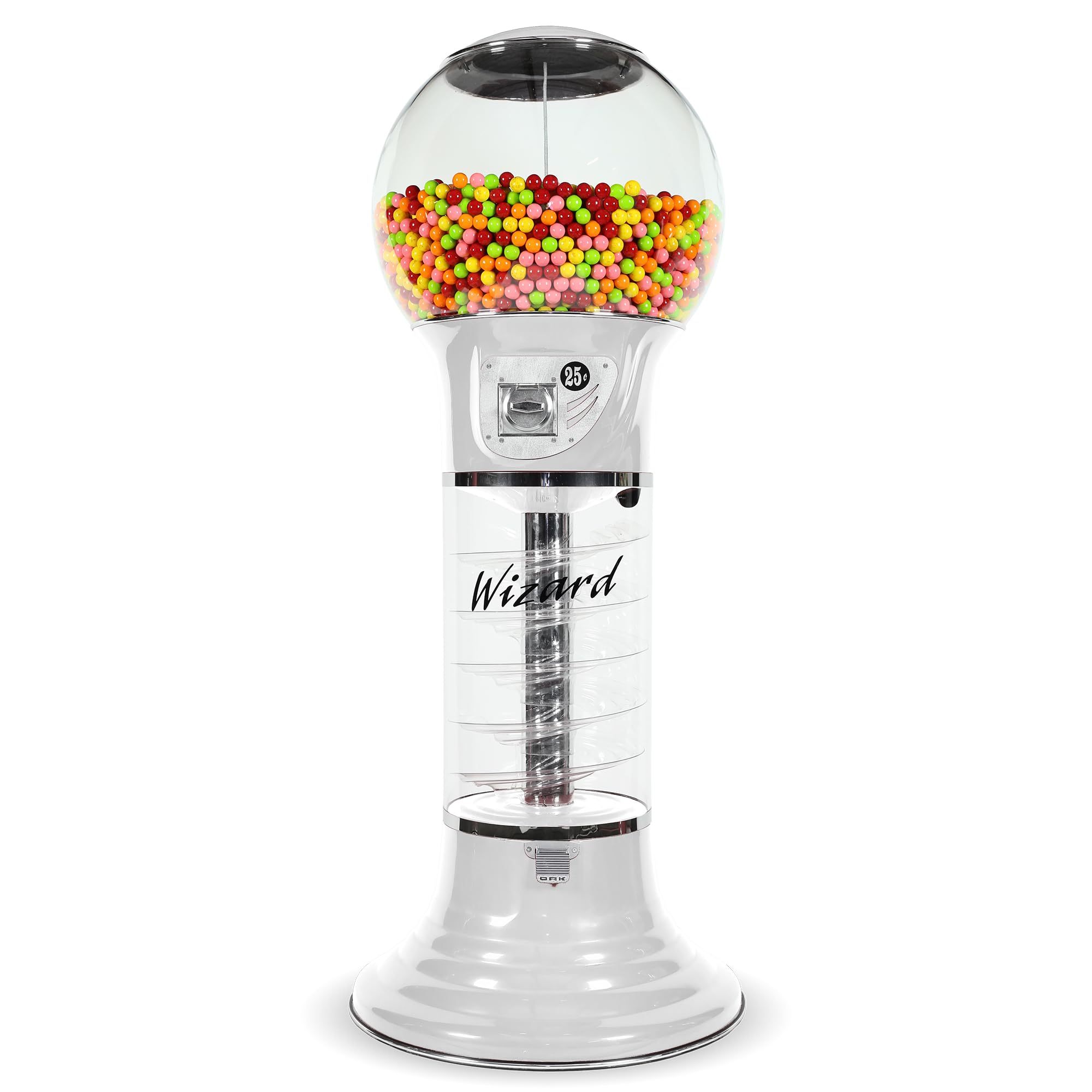 Giant Gumball Machine with Stand - Commercial Bubble Gum Machine 5`6" Spiral Gumball Vending Machines - Coin Mechanism $0.25 - Dispenses 1β Gumballs Bouncy Balls & Toys in Round Capsules - White
