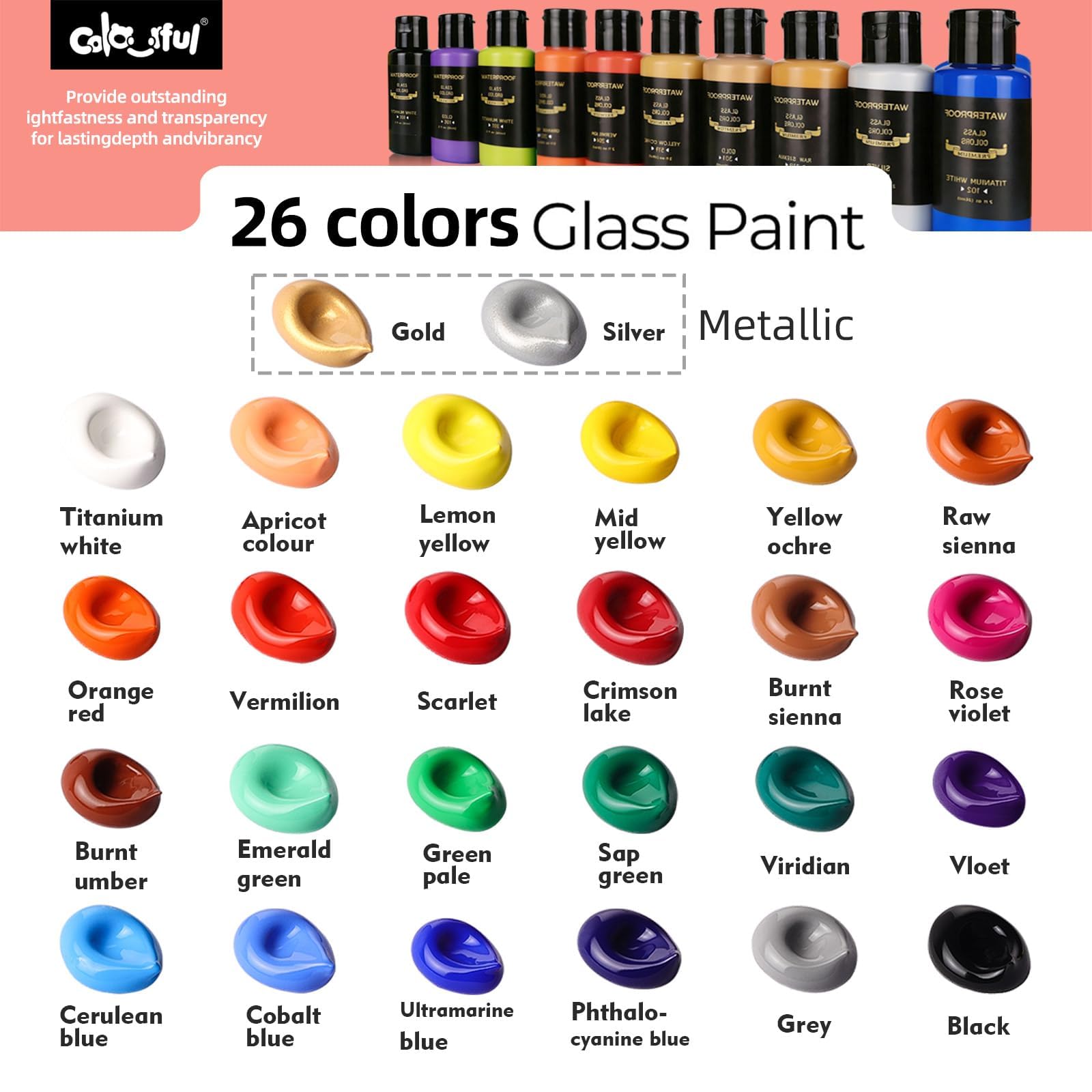 Kit de pintura permanente con 6 pinceles, 1 paleta y 1 esponja, 30 ml/botella, pintura de vidrio de 26 colores para galería, ventana, arte