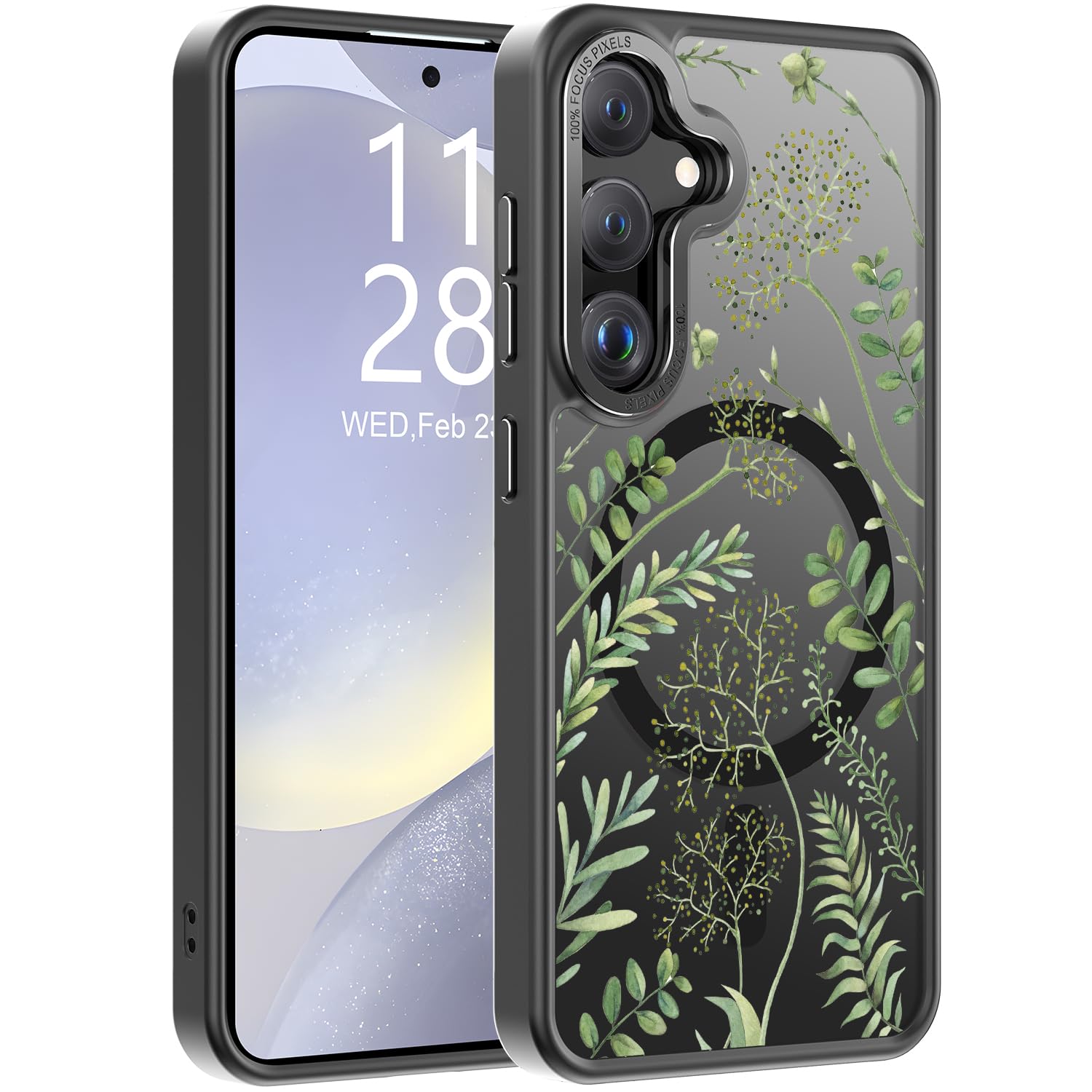 Goodon for Galaxy S24 Case, Wireless Charging Compatible, Shockproof Translucent Matte Cover - Cute Floral Design Phone Case for Women Girls - Green