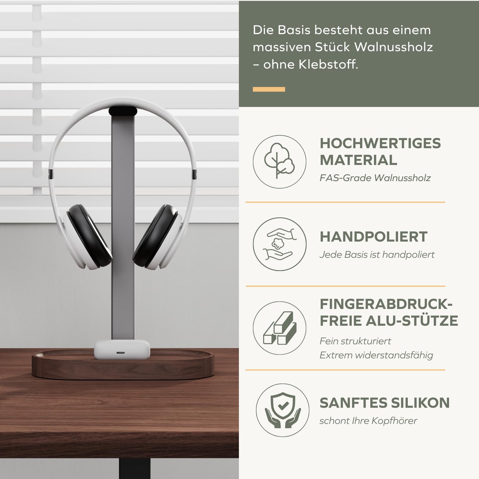 muso wood Kopfhörer Ständer Universal aus Walnussholz und Aluminium Stabil Kopfhörerhalter Kopfhörerständer Gaming Kopfhörer Halter Headset Halterung mit Kabelhalter Holz