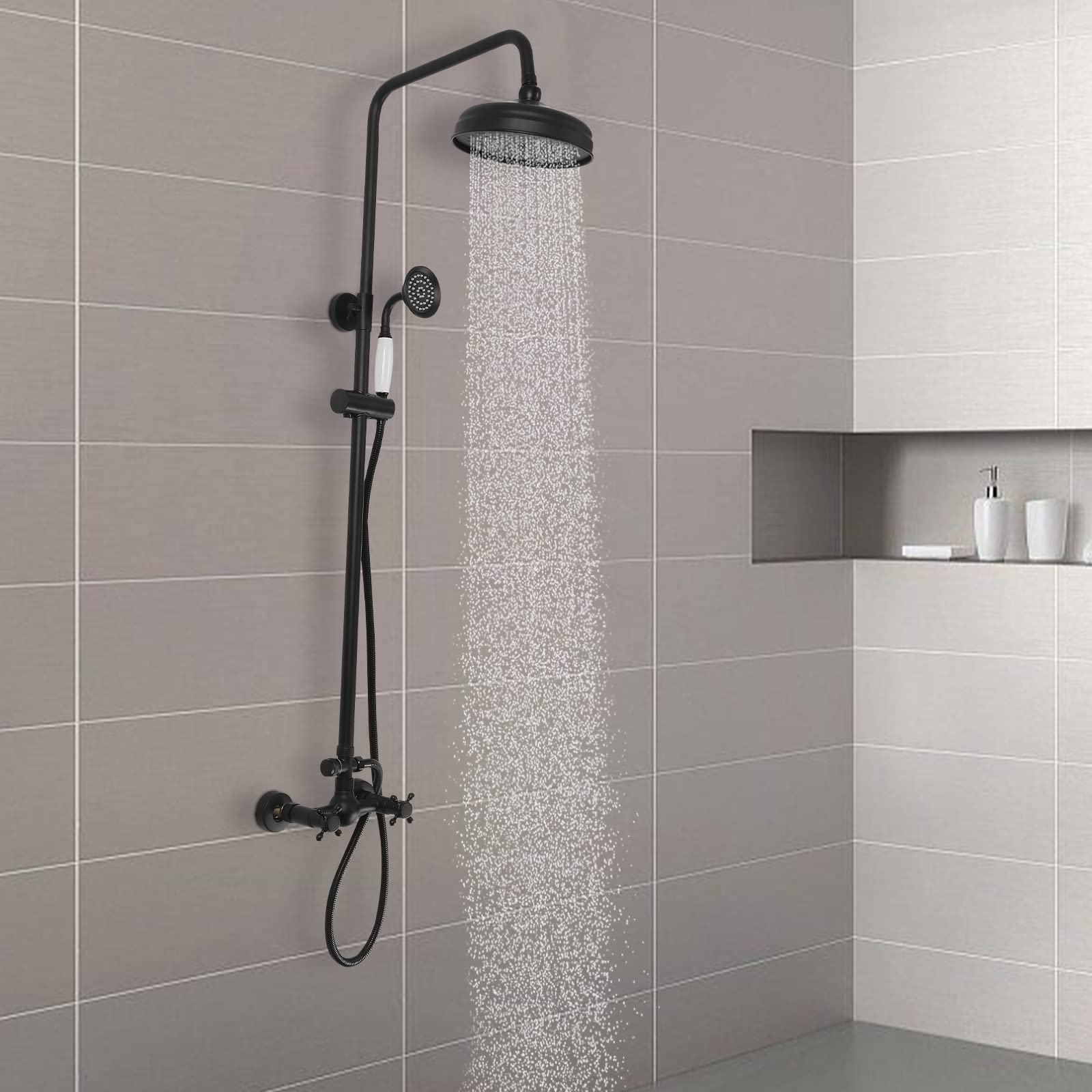 doccia in stile retrò, per doccia, set doccia a pioggia, doccia rotonda, con doccetta, colonna doccia anticata, retrò, per casa e hotel, colore nero