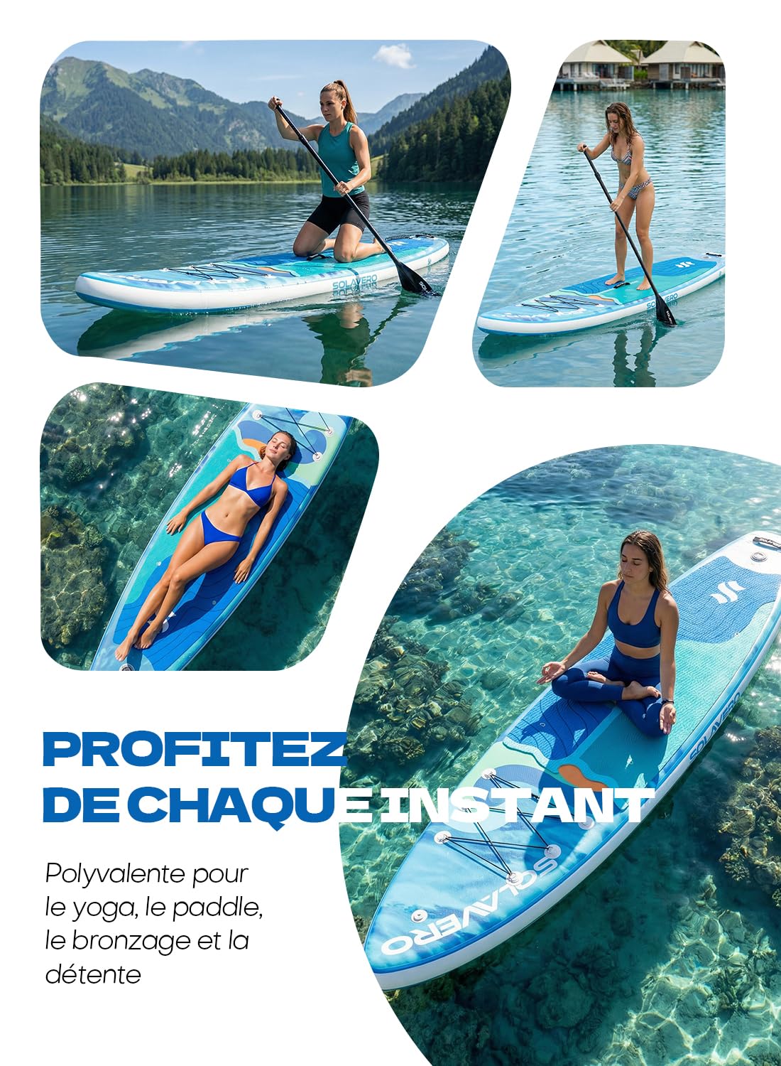 SOLAVERO Paddle Gonflable Adulte, 335 x 83 x 15 cm Stand Up Paddle avec Pont EVA Antidérapant, Pagaie Réglable, 3 Aileron, pour Tous Les Niveaux de Compétence, Jusqu'à 200 kg