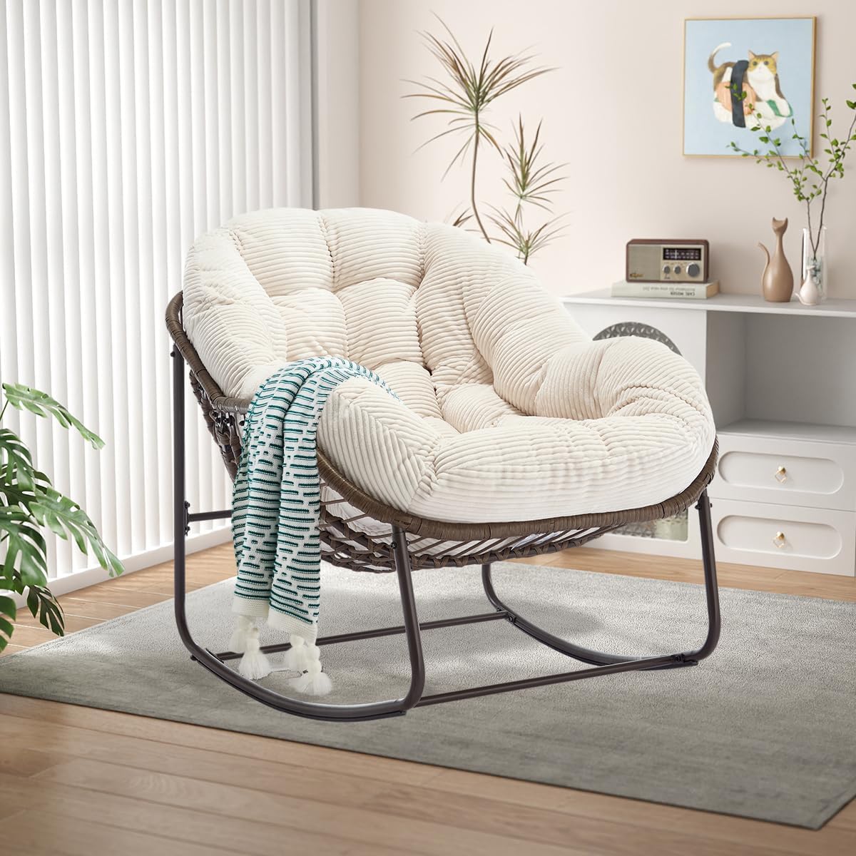 Schaukelstuhl Schaukelsessel mit Rattan, Loungesessel drinnen & draußen, Ei-Schaukelstuhl für Wohnzimmer Balkon Garten Outdoor und Indoor Cord Weiß