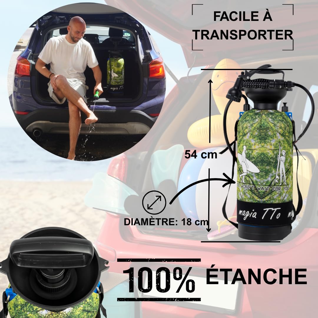 MAGIATTO Douche Portable Camping, Pompe Manuelle 8 L [sans Électricité] – Douche Camper, Voyage, Plage, Surf, Randonnée, Chien et Animaux – Transport Facile et Hygiène en Plein Air
