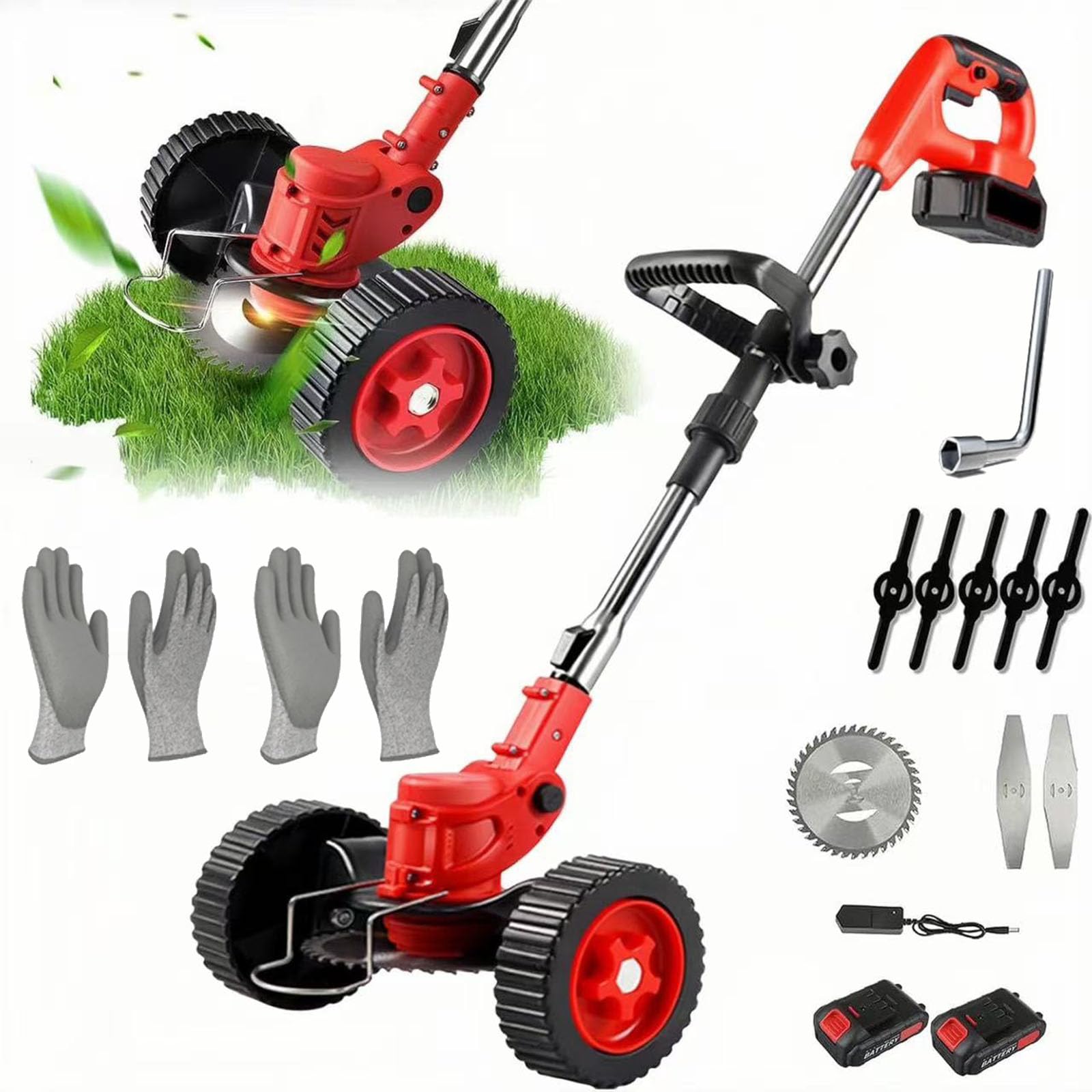 Tagliaerba Senza Fili 21V, Tagliaerba Leggero Telescopico Con Ruote, Tagliaerba Elettrico Da Giardino 10000 Giri/min Con Lame In Metallo, Batteria 2 * 1200mAh, Per Tagliabordi E Potatura Erbacce red