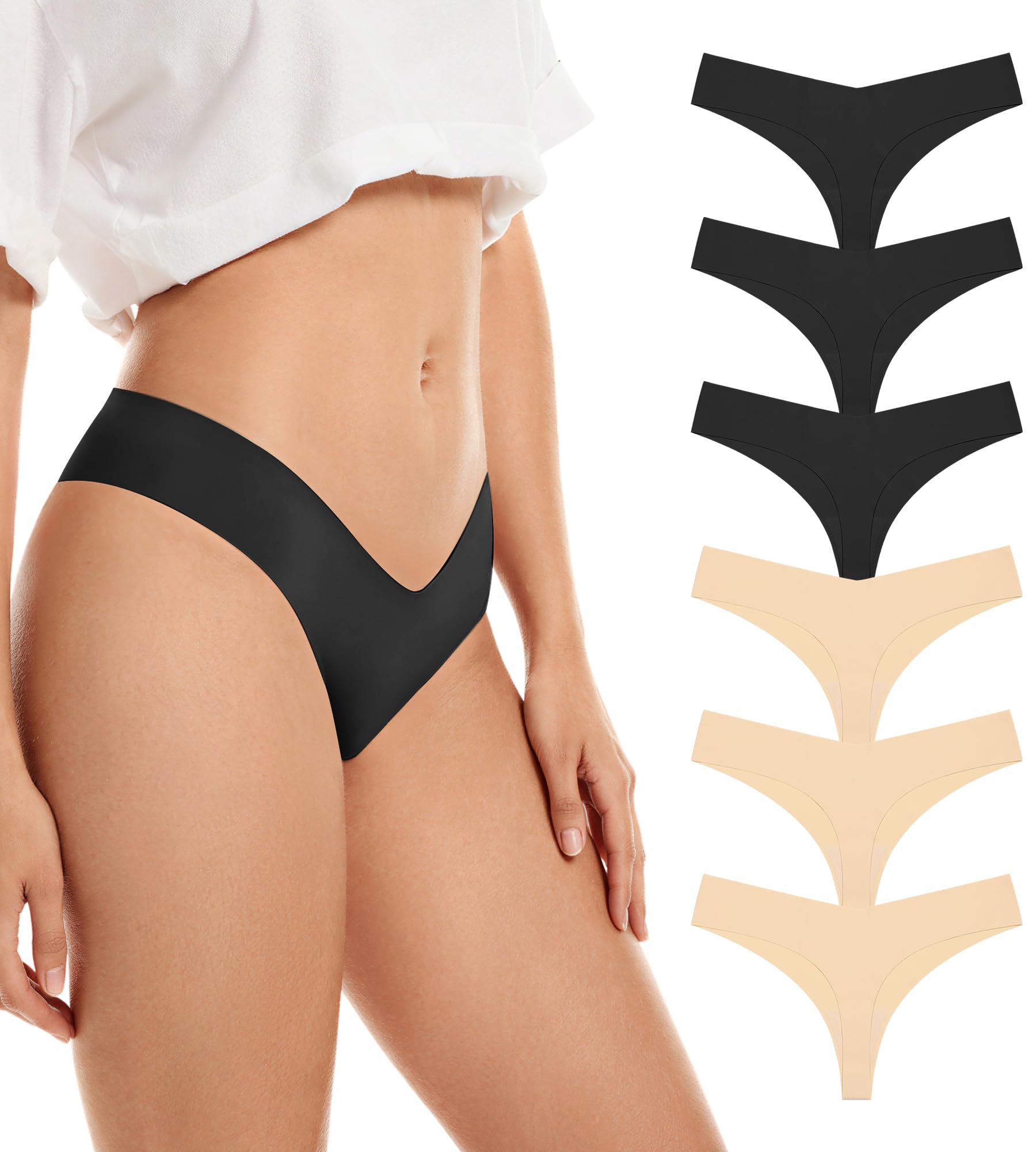 SHARICCA Strings Set Seamless Tangas Damen Nahtlose Unterhosen Sexy Mehrfarbig No Show Seamless Atmungsaktiv Thong Slip 6er-Pack Set (Mehrfarbig-6P02 S)