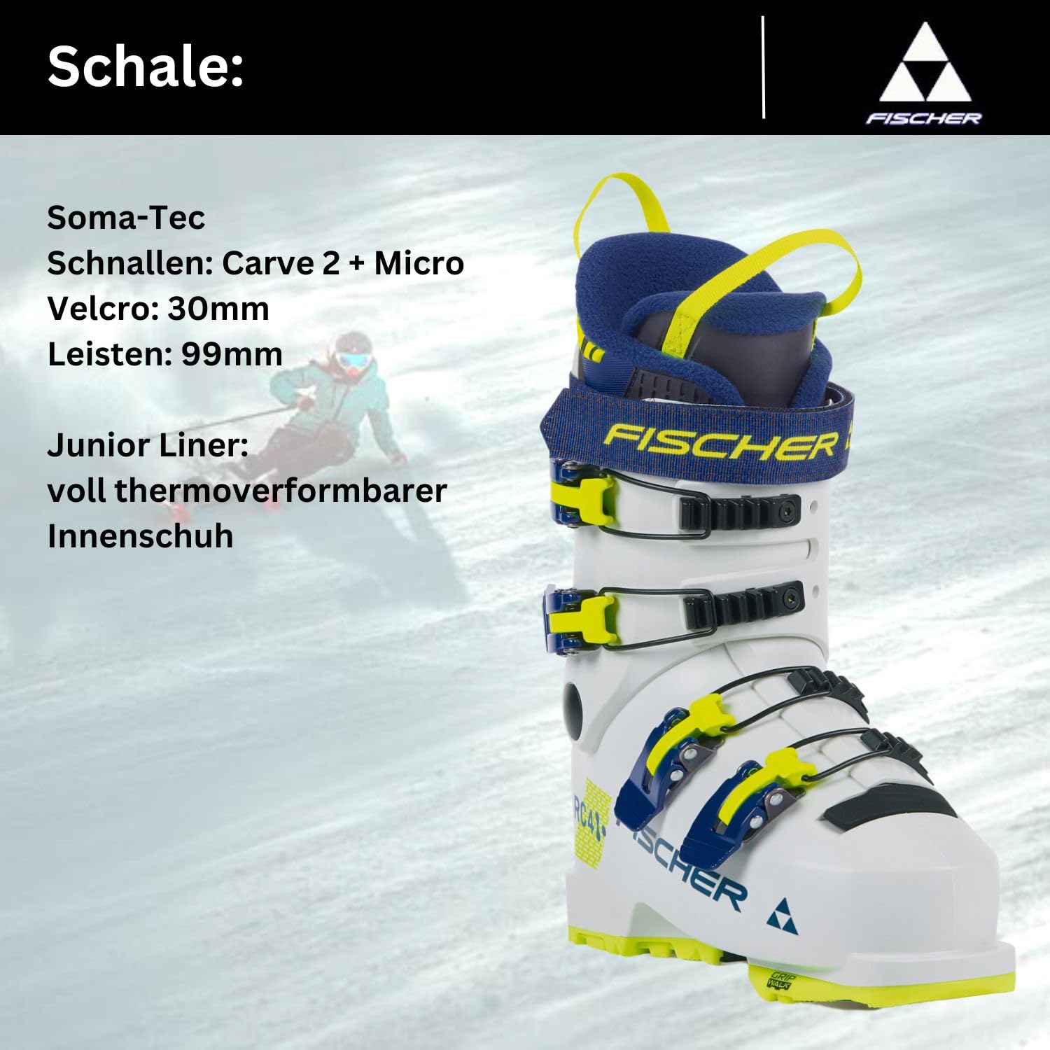 VDP Skischuhe Skistiefel für Kinder/Jugendliche - Fischer RC4 60 JR Junior - Kinder/Jugendliche Alpin Skischuhe - Flex 60 - für sportliche Youngsters - Ski Stiefel Jugend Ski Boots - GripWalk