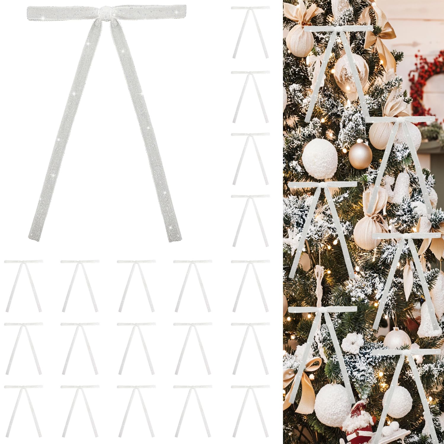 24 PCS Velvet Bows Christmas Ornaments Decorations, Sparkly Glittery Silver White Velvet Christmas Tree Bows Decor, Unique Vintage Elegant Xmas Home Holiday Decor for Tree Mantle Wreath Gift Wrapping