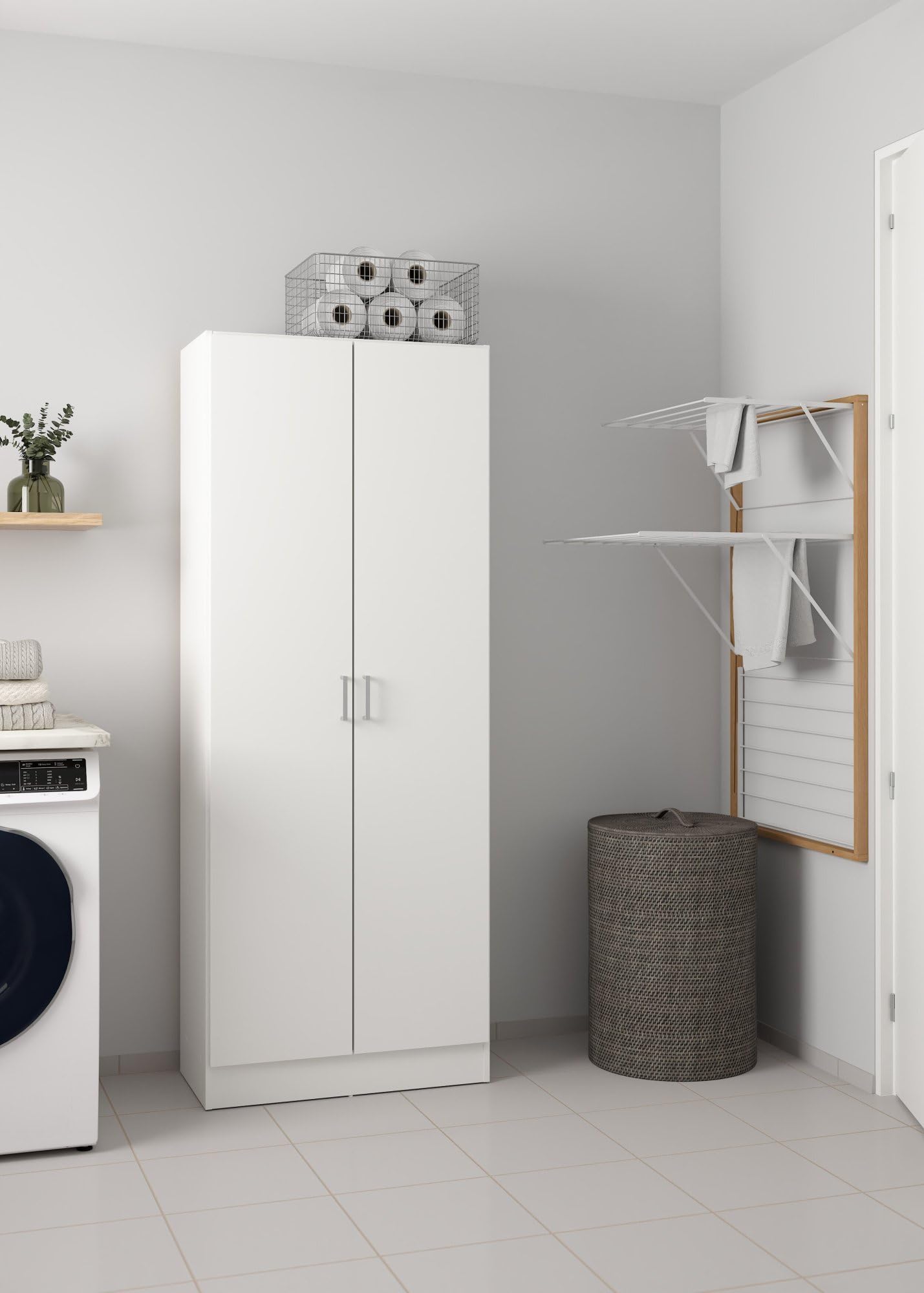 Dmora - Armadio multiuso 2 ante Charleston, Mobile porta scope, Scarpiera con ripiani, Guardaroba porta scarpe, cm73x37h180 cm, Bianco