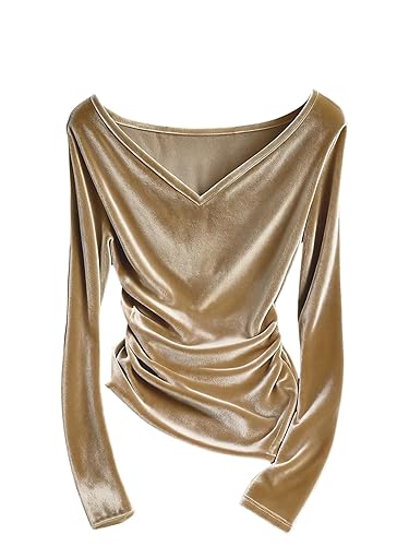 RoseSeek Women's Elegant Velvet Tops Ruched V Neck Long Sleeve