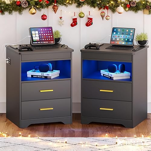 Miniatura 26 de Mesita de noche LED con cajón de pistola con cerradura, mesa auxiliar con estación de carga, mesita de noche con luz LED regulable de 3 colores a