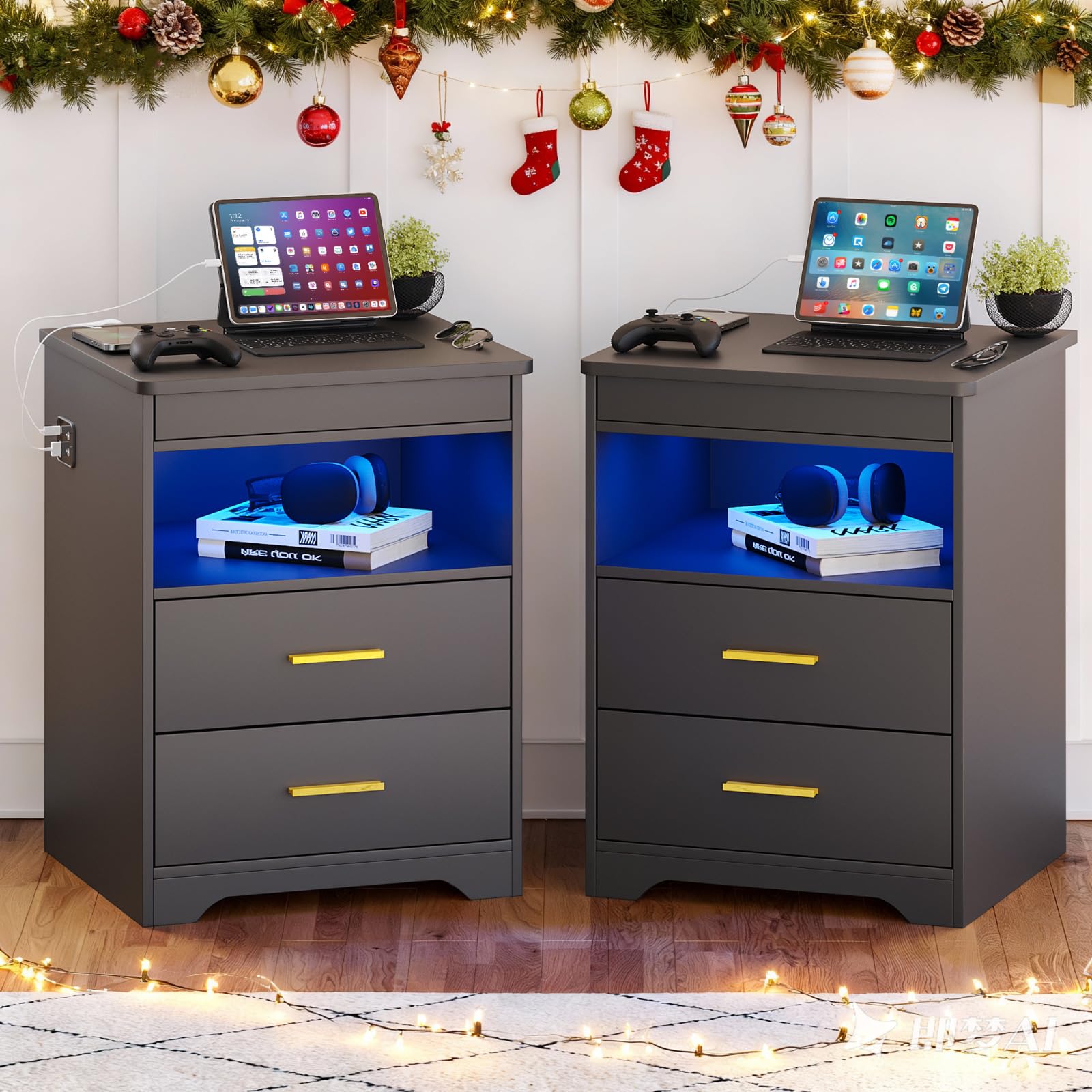 JDPAG Set of 2 Night Stand with Lockable Gun Drawer,Smart Nightstand with Charging Station,LED Bedside Table with 3-Color Human Sensor Light,End Table