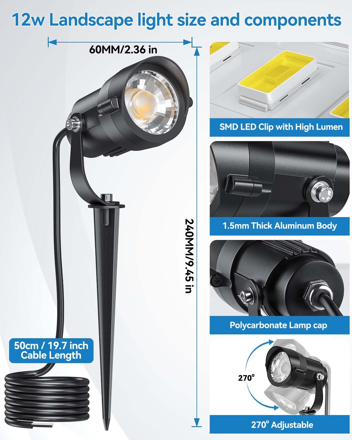 HIBOITEC 12W Spot Jardin avec Connecteur de Câble, IP65 Étanche