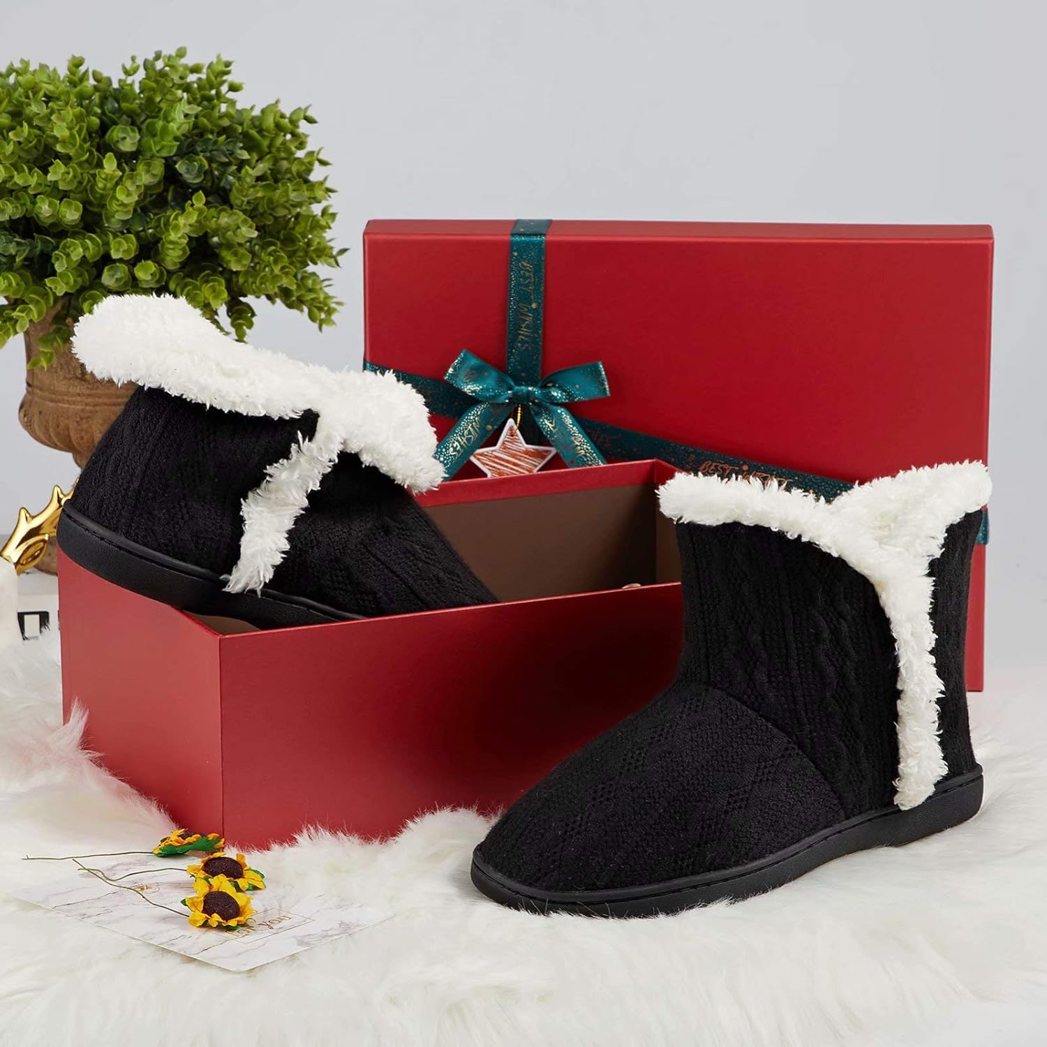 TUOBUQU Women Warm Bootie Slippers Fluffy Plush Indoor Outdoor Winter Booty Slippers - Image 7
