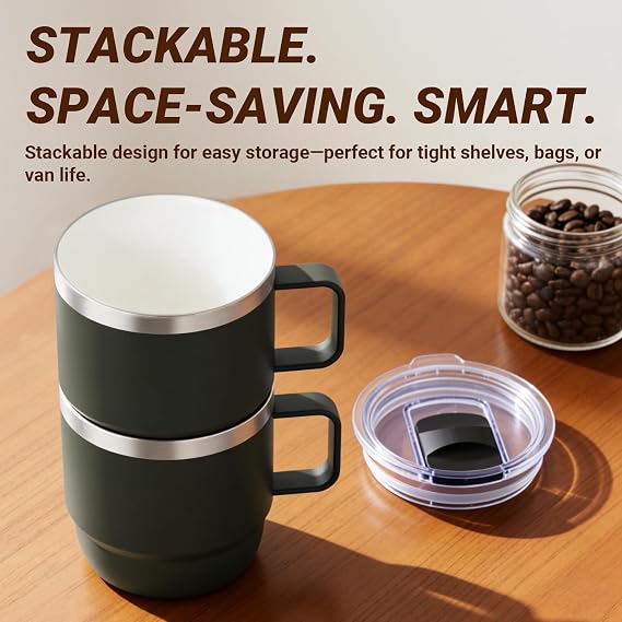 8 oz Small Coffee Mug with Magnetic Sliding Lid & Handle, Ceramic-Lined 18/8 Stainless Steel, Double-Wall Vacuum Insulated, Stackable, Dishwasher Safe, Mini Coffee/Tea Cup, 2 Pack, Sage Green