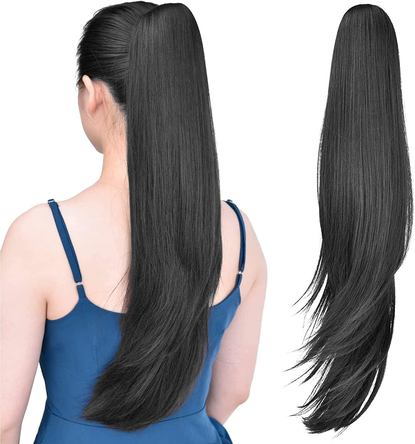 ZALYA 22 Inch Long Straight Black Synthetic Hair Ponytail Extension - Clip-In Claw Style for Women and Girls