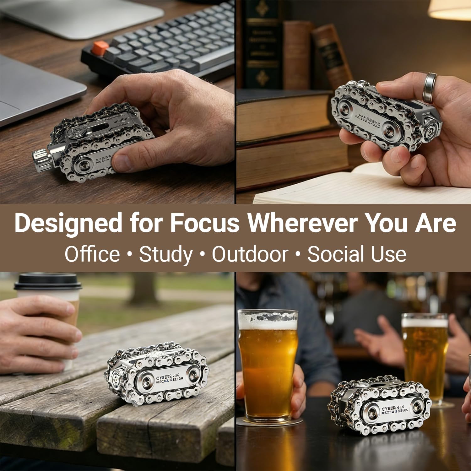 4 in 1 Tank Fidget Slider Roller Chain Spinner Combo Metal Tank-Style Desk Fidget Tool with Extendable Barrel, Mechanical Stress Relief Gear for Men Office Desk