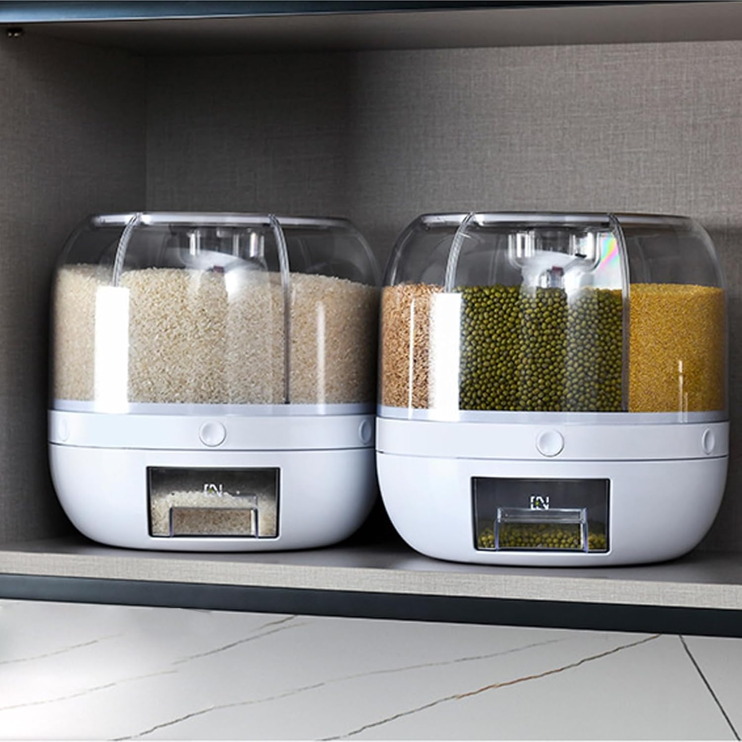 Rice Dispenser Large Capacity Grain Storage Container 6 Grids 360° Rotatable Cereal Dispenser with Lid for Beans Cereal White...