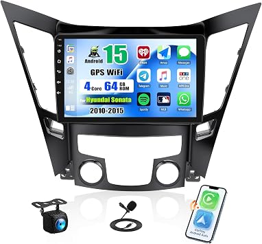 Android 15 4Core+64G for Hyundai Sonata 2010 2011 2012 2013 2014 2015 Radio Car Stereo Wireless CarPlay Android Auto, 9 HD Touchscreen Bluetooth FM/RDS,WiFi GPS Mirror Link Rear Camera Mic Camera&Mic