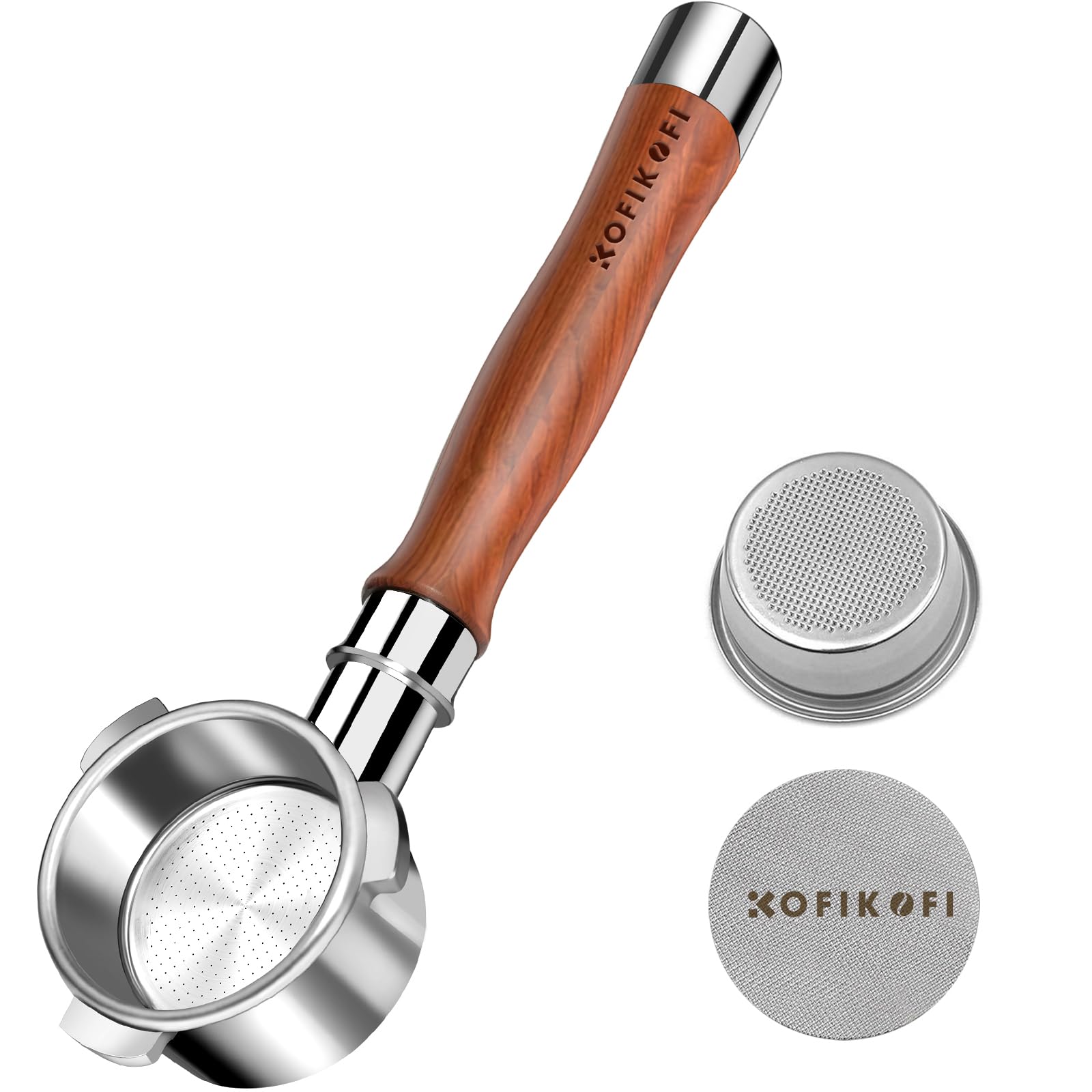 KOFIKOFI 54mm Bottomless Portafilter 3 Ears, Premium Rosewood Handle Naked Portafilter with Puck Screen and Filter Basket, Compatible with Breville Sage Barista Express Series 500-880, Duo Temp pro