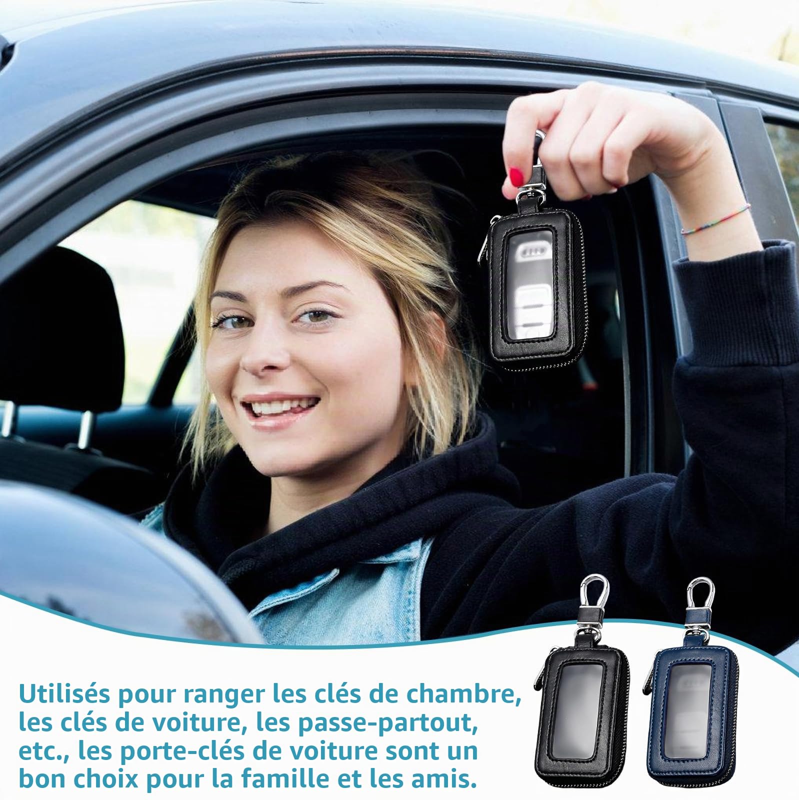 Lot de 2 étuis à clés de voiture : étui à clés vintage en cuir avec fermeture éclair et mousqueton, housse de protection pour porte-clés, étui universel portable (noir, bleu roi)
