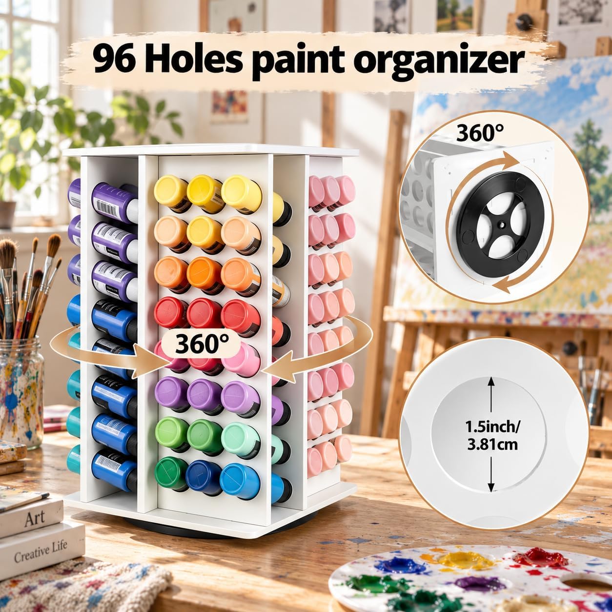 Rotating Acrylic Paint Organizer 96 Holes, for 2 Oz Bottles Paint Storage