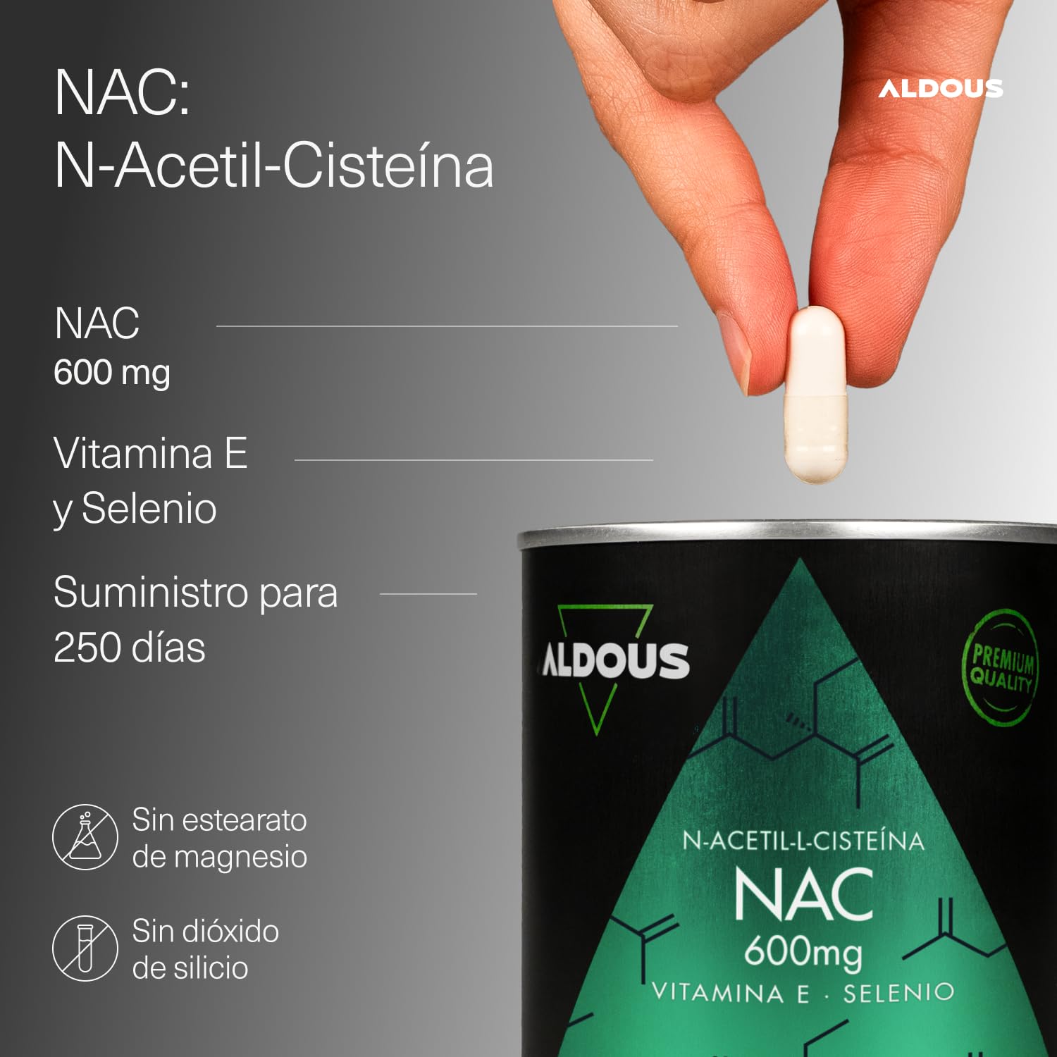 NAC N-Acetil-Cisteina 600mg + Vitamina E y Selenio - 250 Cápsulas - 1 al Día - Antioxidante y Glutation - Detox y Salud Respiratoria - Para +8 meses - Alta Concentración - Vegano - Aldous