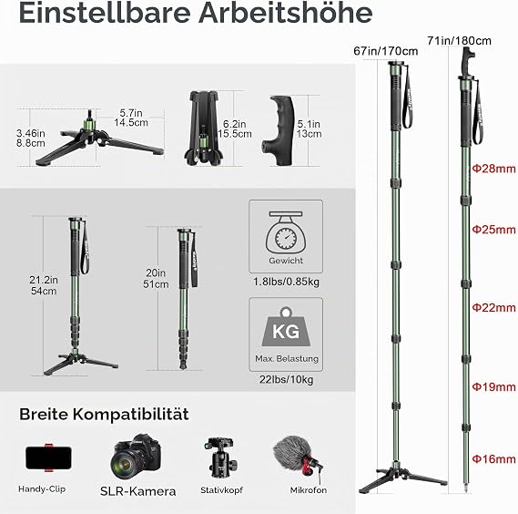 Manbily G-333 Olive Green Camera Monopod with Stand and Walking Stick Handle Aluminium 5 Sections up to 180 cm Hiking Poles Travel Monopod Compact Lightweight with Base Max 10 kg DSLR Camera