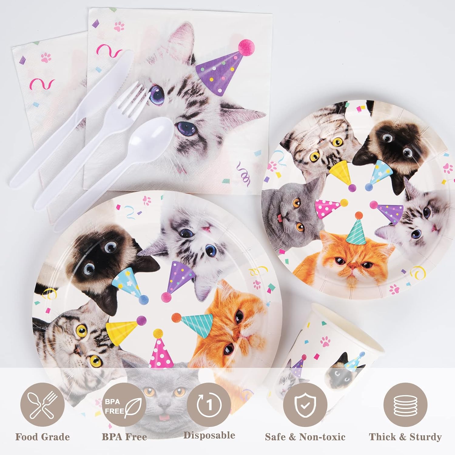 DECORLIFE Cat Party Supplies Serves 16, Cute Complete Pack Includes Cat Birthday Plates and Napkins, Cups, Cutlery, for Cat Party Decorations, Total 112 PCS