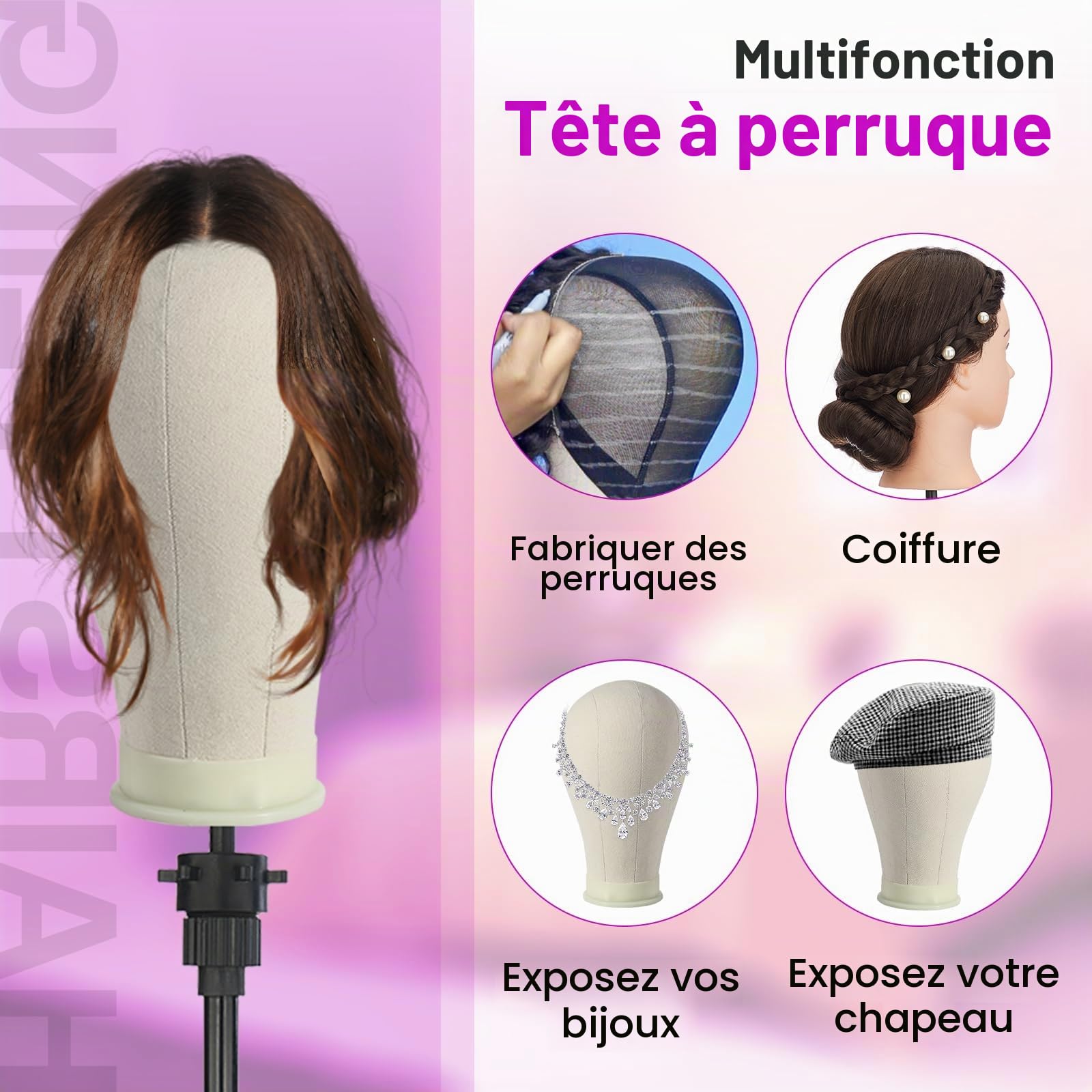 Neverland Beauty & Health 22" 56cm Tête pour Perruque en Toile avec Trépied | Tête de Mannequin pour Perruque en Toile, avec Trépied Réglable, épingles T et brosse à cheveux, Fabrication et Coiffage