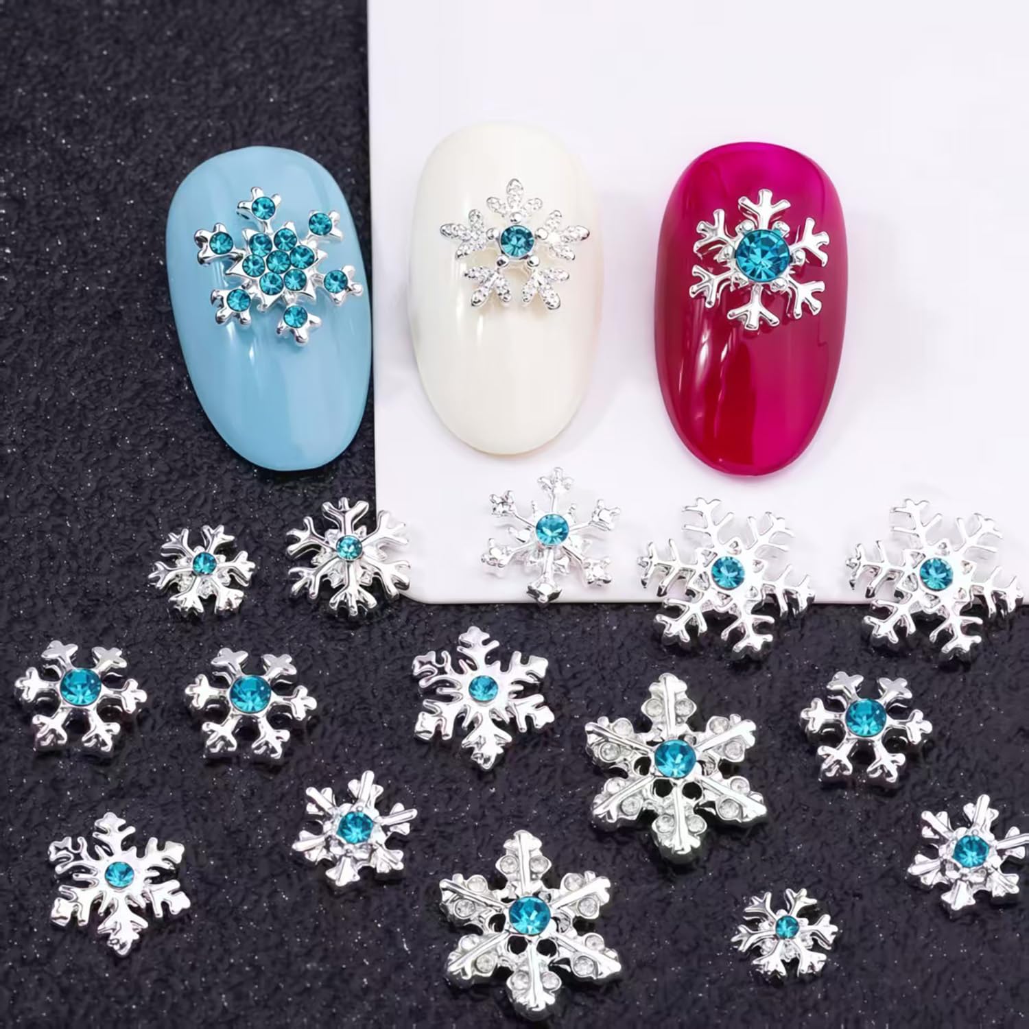 20 ciondoli per unghie a forma di fiocco di neve, argento lucido, blu, inverno, Natale, fiocco di neve, strass, design fiocchi di neve, ciondoli per unghie acriliche, unghie di Natale, gioielli per