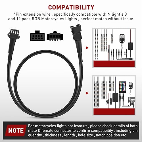 Miniatura 5 de Nilight Cable de extensión para motocicleta, tira de luces LED, 4 unidades, 2 pies, 3 unidades, divisor en Y de 2 vías, cable de extensión de 4