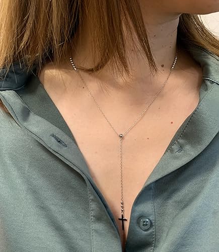 Miniatura 3 de LUKIENY Delicate Sterling Silver Cross Y-Shaped Lariat Necklace Minimalist Drop Necklace for Women Gift for her White Gold Cross Lariat  Y necklace